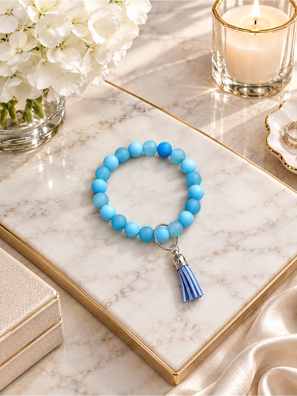 Blue Beaded Bracelet Keychain Wristlet Tassel Purse Charm NWOT